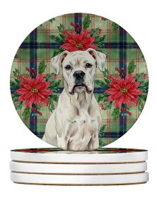 White Boxer Christmas PoinsettIas Large Sandstone Coasters Pack of 4 Absorbent Round Coasters Decor Gifts for Men or Women, 4 in, Multicolor