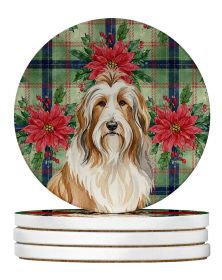 Fawn Bearded Collie Christmas PoinsettIas Large Sandstone Coasters Pack of 4 Absorbent Round Coasters Decor Gifts for Men or Women, 4 in, Multicolor