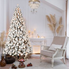 9FT Pre-Lit Flocked Christmas Tree, Hinged Artificial Xmas Tree/Premium PVC Branches, 650 Lights
