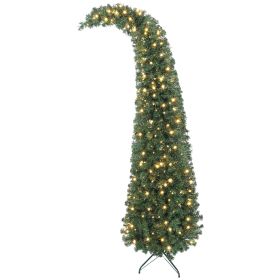 HOMCOM 7 ft Prelit Bent Top Christmas Tree, Whimsical Xmas Tree Slim High Mountain Fir with 300 LEDs and Metal Stand, Green