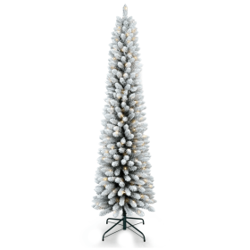 Artificial 6ft Flocked pencil Christmas Tree with 358 PVC Branch Tips, 150L Warm white led, Foldable Base for Indoor Holiday Decorating