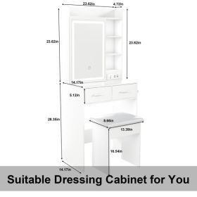 Small Makeup Vanity Desk with Mirror & Adjustable LED Lights,Built-in Power Outlet & Hidden Storage, Includes padded stool & Shelf