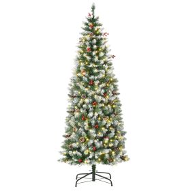 HOMCOM 6ft Pre-Lit Snow-Dipped Artificial Christmas Tree with Realistic Branches, 300 LED Lights, Pine Cones, Red Berries and 618 Tips