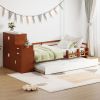 Twin Size Wood Platform Bed with Sample Bookshelf and Movable Wardrobe, Multifunctional Bed with Built-in Trundle Bed, Walnut