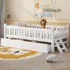 Wood Twin Size Platform Bed with Guardrail and 2 Drawers, White