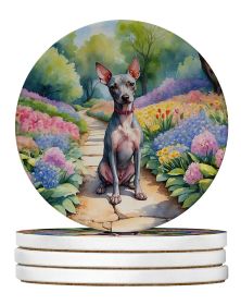 American Hairless Terrier Spring Garden Large Sandstone Coasters Pack of 4 Absorbent Round Coasters Decor Gifts for Men or Women, 4 in, Multicolor