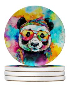 Hippie Animal Panda Large Sandstone Coasters Pack of 4 Absorbent Round Coasters Decor Gifts for Men or Women, 4 in, Multicolor