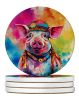 Hippie Animal Pig Large Sandstone Coasters Pack of 4 Absorbent Round Coasters Decor Gifts for Men or Women, 4 in, Multicolor