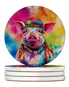 Hippie Animal Pig Large Sandstone Coasters Pack of 4 Absorbent Round Coasters Decor Gifts for Men or Women, 4 in, Multicolor