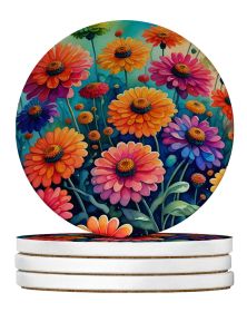 Colorful Zinnias Large Sandstone Coasters Pack of 4 Absorbent Round Coasters Decor Gifts for Men or Women, 4 in, Multicolor