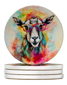 Hippie Animal Goat Large Sandstone Coasters Pack of 4 Absorbent Round Coasters Decor Gifts for Men or Women, 4 in, Multicolor