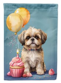 Shih Tzu Happy Birthday House Flag Large Porch Sleeve Pole Decorative Outside Yard Banner Artwork Wall Hanging, Polyester, House Size, Multicolor
