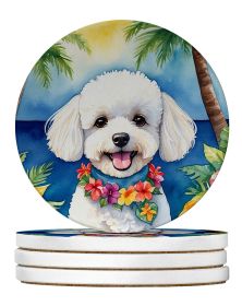 Bichon Frise Luau Large Sandstone Coasters Pack of 4 Absorbent Round Coasters Decor Gifts for Men or Women, 4 in, Multicolor