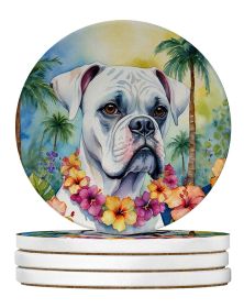White Boxer Luau Large Sandstone Coasters Pack of 4 Absorbent Round Coasters Decor Gifts for Men or Women, 4 in, Multicolor