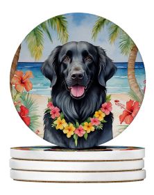 Flat-Coated Retriever Luau Large Sandstone Coasters Pack of 4 Absorbent Round Coasters Decor Gifts for Men or Women, 4 in, Multicolor