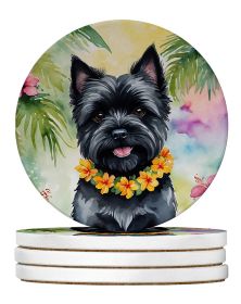 Cairn Terrier Luau Large Sandstone Coasters Pack of 4 Absorbent Round Coasters Decor Gifts for Men or Women, 4 in, Multicolor