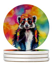 Hippie Animal Skunk Large Sandstone Coasters Pack of 4 Absorbent Round Coasters Decor Gifts for Men or Women, 4 in, Multicolor