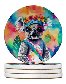 Hippie Animal Koala Large Sandstone Coasters Pack of 4 Absorbent Round Coasters Decor Gifts for Men or Women, 4 in, Multicolor