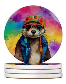 Hippie Animal Otter Large Sandstone Coasters Pack of 4 Absorbent Round Coasters Decor Gifts for Men or Women, 4 in, Multicolor