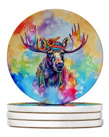 Hippie Animal Moose Large Sandstone Coasters Pack of 4 Absorbent Round Coasters Decor Gifts for Men or Women, 4 in, Multicolor