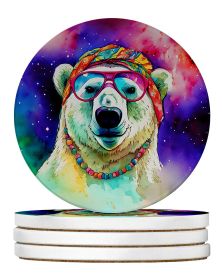 Hippie Animal Polar Bear Large Sandstone Coasters Pack of 4 Absorbent Round Coasters Decor Gifts for Men or Women, 4 in, Multicolor