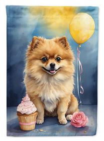 Pomeranian Happy Birthday House Flag Large Porch Sleeve Pole Decorative Outside Yard Banner Artwork Wall Hanging, Polyester, House Size, Multicolor