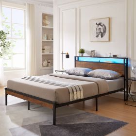 Queen Size Metal Platform Bed Frame with Wooden Headboard and Footboard with USB LINER,LED Lights, No Box Spring Needed, Large Under Bed Storage, Easy