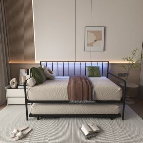 Twin Daybed with RGB LED Lights & Charging Station, Height Adjustable Day Bed Frame with Trundle, Versatile Metal Sofa Bed Frame for Bedroom