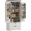 Farmhouse Kitchen Pantry Storage Cabinet, 64" Freestanding Kitchen Pantry Cabinet with Drawers, Distressed White