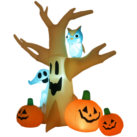 Inflatable Halloween Decoration Haunted Tree with Owl, Ghost, Pumpkins, Blow-Up Outdoor LED Display for Lawn, Garden, Party