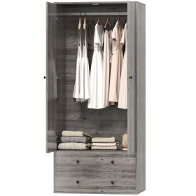 Modern Wardrobe Closet Armoire with 2 Drawers and Hanging Rod, Clothes Storage Organizer for Bedroom, Grey
