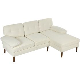 Modern Corner Couch with Right Chaise Lounge, Tufted 3-Seater Sofa with Wooden Legs for Living Room, Cream White