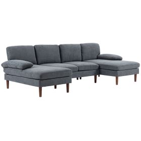 U Shape Couch with Double Chaise, 4 Seater Linen Feel Sofa for Modern Living Room, Dark Grey
