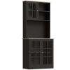 Kitchen Buffet with Hutch, Storage Pantry with 3 Cabinets, 2 Open Shelves and Large Countertop, Black