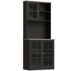 Kitchen Buffet with Hutch, Storage Pantry with 3 Cabinets, 2 Open Shelves and Large Countertop, Black