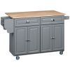 Kitchen Island with Storage, Rolling Kitchen Island with Drop Leaf, Rubber Wood Top and Adjustable Shelves, Grey