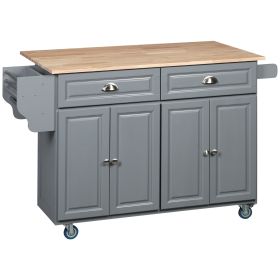 Kitchen Island with Storage, Rolling Kitchen Island with Drop Leaf, Rubber Wood Top and Adjustable Shelves, Grey