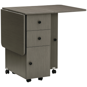 Foldable Dining Table, Rolling Kitchen Table with Storage Drawers and Cabinet, Drop Leaf Table on Wheels, Grey