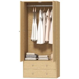 Modern Wardrobe Closet Armoire with 2 Drawers and Hanging Rod, Clothes Storage Organizer for Bedroom, Natural Wood