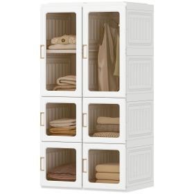 Portable Wardrobe, Foldable Plastic Closet with 5 Compartments, Hanging Rod and Magnetic Doors, White