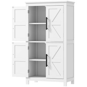 Farmhouse Bathroom Storage Cabinet, Bathroom Floor Cabinet with Barn Doors and Adjustable Shelf, White