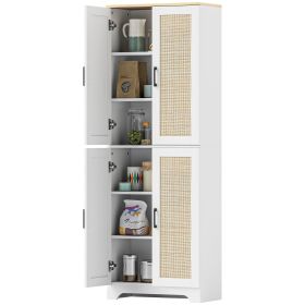 67" Tall Kitchen Pantry, Freestanding Kitchen Storage Cabinet with 4 Rattan Doors and Adjustable Shelves, White
