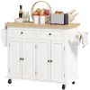 Kitchen Island with Storage, Rolling Trolley Cart with Rubber Wood Top, Spice Rack, Towel Rack, Cream White
