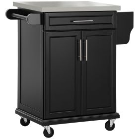 Kitchen Island with Stainless Steel Top, Rolling Kitchen Cart on Wheels with Storage Drawer, Cabinet, Towel Rack and Spice Rack (Black)