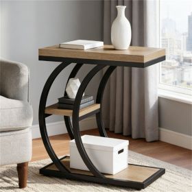 3-Story C-Shape Industrial Design Coffee Table with Storage in Natural Wood Side Table for Living Room Bedroom