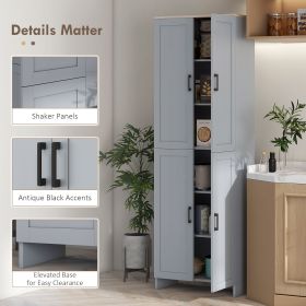 Grey 67 Inch 4-Door Kitchen Pantry Cabinet Freestanding Storage Cupboard with Adjustable Shelves for Home Organization