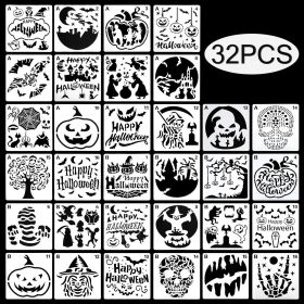 32 Pcs Halloween Painting Stencils Reusable Halloween Template Pumpkin Witch Skeleton Skull Vampire For DIY Craft Drawing Painting Spraying Window Gla