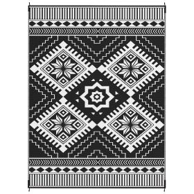 Reversible Outdoor Rug, Waterproof Plastic Straw with Carry Bag, 9' x 12', White & Black Toothed Rhombus