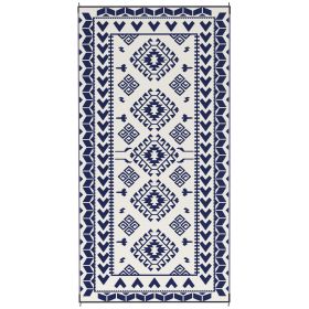 Reversible Outdoor Rug, Waterproof Plastic Straw with Carry Bag, 9' x 18', Blue & White Rhombus Patchwork