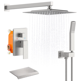 Rain Shower System Matte Black Tub Shower Faucet Set 10 Inch Square Rainfall Shower Head With Handheld Sprayer And Waterfall Tub Spout Pressure Balanc